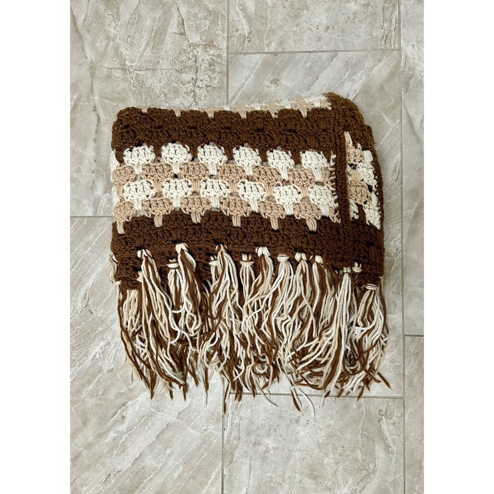 Vintage  Afghan Throw Blanket Brown Tan Crochet 61"W‎ X 46"L Handmade